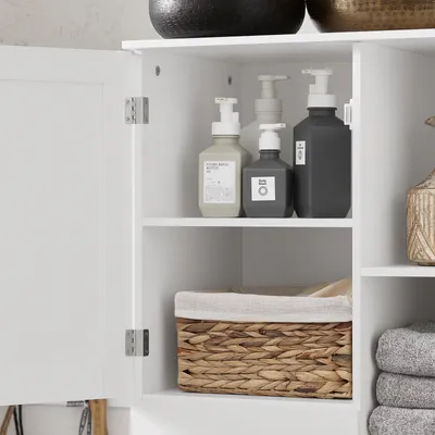 Produktbild von SoBuy Badezimmerschrank mit Wäschekorb Schmaler Badschrank Hoch Badregal Stehend mit 6 Ablagen & 2 Schubladen Wäscheschrank Schmal für Nische BZR104-W