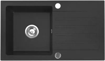 Immagine prodotto di VBChome Lavello in granito 76 x 44 cm Nero Lavello da incasso a vasca singola Reversibile Speckled Lavello di facile manutenzione con sifone Ideale per piccole cucine