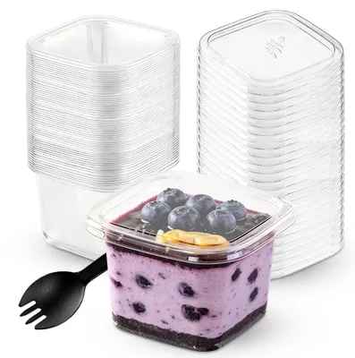 Produktbild von 50 Stück 360 ml Plastik Dessertbecher mit Deckel und Löffeln - Wiederverwendbare Schalen für Feiern