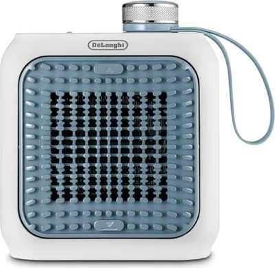 A close-up studio shot of a white and blue electric heater with a prominent grill.
