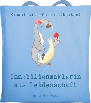 Produktbild von Mr. & Mrs. Panda Tote Bag Immobilienmaklerin Leidenschaft - Sky Blue - Geschenk, Büchertasche, Tasche, Ausbildung, Jutebeutel, Stoffbeutel, Witzig, Shopping, Spruch