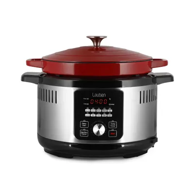 A standalone kitchen appliance with a red lid and a silver body.