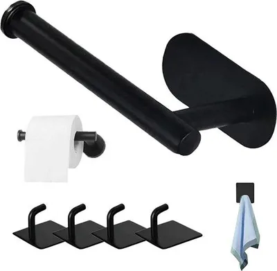 Immagine prodotto di Portarotolo da bagno Famanu con 4 ganci per asciugamani - adesivo, colore nero opaco