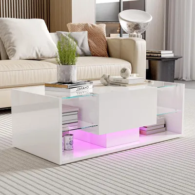 Zdjęcie produktu dla Stolik kawowy - stolik do salonu - stolik kawowy z miejscem do przechowywania - biały stolik kawowy LED - wymiary: 100x50x35 cm