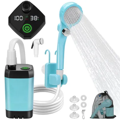 A portable camping shower set is displayed against a white background, showcasing its components and functionality.