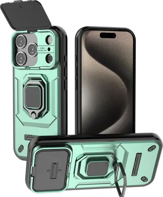 Image de Étui pour iPhone 17 Pro Max étui double couche avec protection coulissante de l'appareil photo et support d'anneau, stand vert