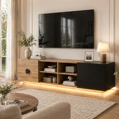 Produktbild von TV Lowboard Fernsehschrank 47x180x38.5 cm mit LED-Beleuchtung & Schublade, moderner TV-Schrank mit Tür & offenen Fächern, Holz-Schwarz Kontrast