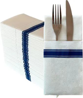 Produktbild von 50 Blatt Einweg-Servietten in Leinenoptik Mit Integrierter Bestecktasche, Bedruckte Vorgefaltete Stoffservietten Aus Papier Für Hochzeit(Blau)