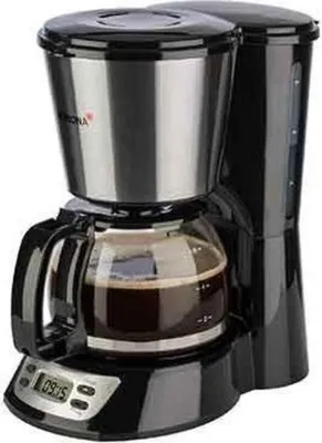 A black and silver coffee maker filled with coffee.