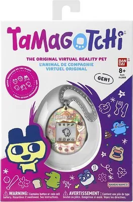 The image shows the packaging of a Tamagotchi virtual pet.
