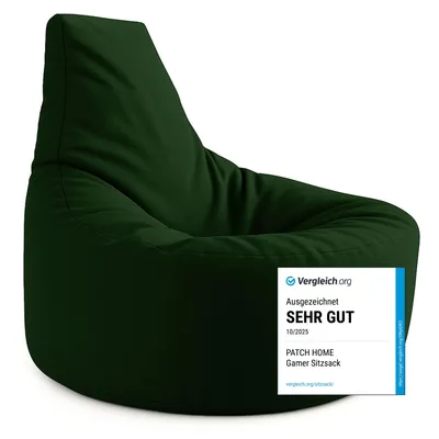 A dark green beanbag chair is shown against a white background.
