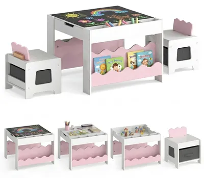 Produktbild von KOMFOTTEU 3-teilige Kindersitzgruppe aus Holz, Kindertisch mit 2 Stühlen, Kindersitzgarnitur mit wendbarer Tischplatte, Bücherregal, Stoffschubladen, Kinder Maltisch mit Stauraum, für Kinder ab 3 Jahren