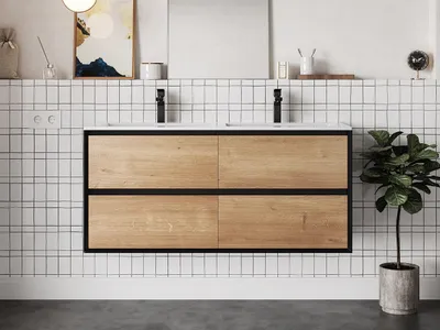 Produktbild von Badezimmer Wandschrank mit Waschbecken - Natürliches Licht und schwarz - 120 cm - LANNICK