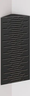 A black acoustic corner bass trap with a patterned surface is shown in a corner of a room.