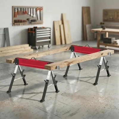 Produktbild von Arbeitsbock 2er Set klappbar, Sägebock Gerüstbock Metall höhenverstellbar, Rot | 64–81 cm | 7 Stufen | bis 1160 kg