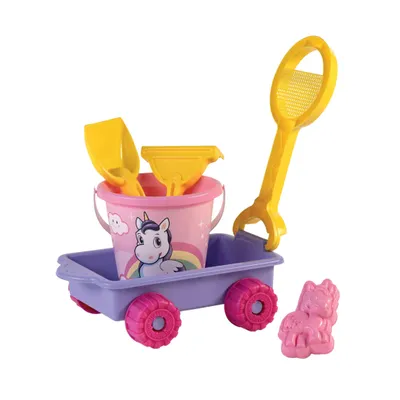 Immagine prodotto di Carrozzina unicorno con strumenti per acqua, sabbia e secchiello inclusi