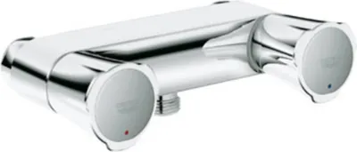 A chrome shower faucet on a white background.