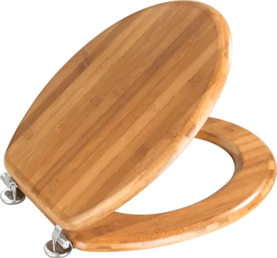 A toilet seat made of bamboo with metal hinges, shown from a slightly elevated angle against a white background.