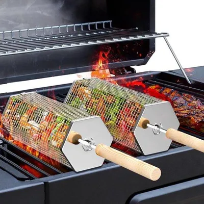 Produktbild von Famanu Grillkörbe (2 Stück, sechseckig) - abnehmbarer Holzgriff, 304 Edelstahl, stapelbar, Grillzubehör für Gemüse und Garnelen