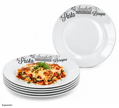 Image de 6 assiettes plates en porcelaine, diamètre 24 cm, décor "pâtes", idéales pour servir des lasagnes