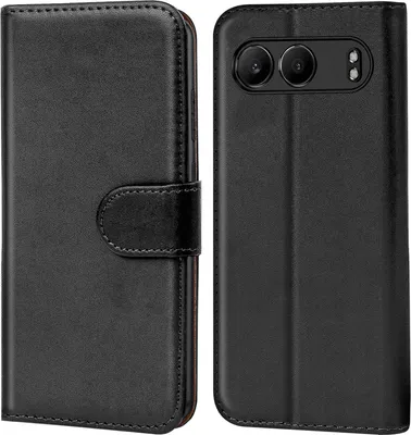 A black flip case for a smartphone, shown from the front and back.