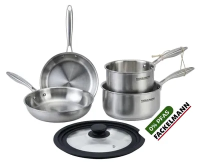 Image de Batterie de cuisine avec 2 poêles 20/24 cm et 2 casseroles 14/18 cm avec 1 couvercle de cuisson universel sans PFAS Fackelmann Vita3, Image générée par une IA