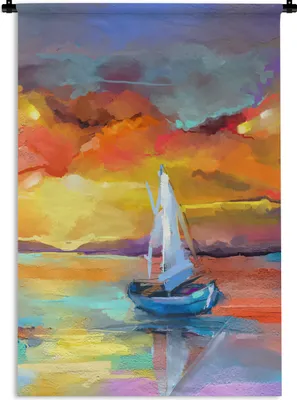 Produktbild von MuchoWow® Wandteppich Wandbehang Malerei - Ölfarbe - Boot - Farben 90x135 cm Tapisserie Dekoration Wandtuch - Baumwolle - Wandskulptur
