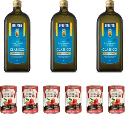 Produktbild von 3x De Cecco Classico Natives Olivenöl Extra Olio Extra Vergine 1 Lt nativ + Italian Gourmet 100% italienische geschälte Tomaten dosen 6x 400g