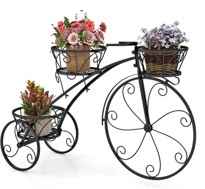 Immagine prodotto di Portafiori in metallo - Scaffale a forma di bicicletta per fiori - 3 cesti - Design retrò - Porta piante per interni ed esterni - Colore nero