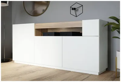 Produktbild von Forte LEWISVILLE Sideboard 180, minimalistisches Sideboard, 3-türig, offenes Fach, Holzwerkstoff, Wohnzimmer, Secret Grey | Valenica Eiche Holzdekor, 179,4 cm breit x 85,6 cm hoch x 41 cm tief