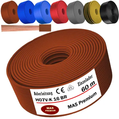 Image de Câble d'alimentation de 60 mètres, type H07 V-K, couleur marron, avec un seul fil de 16 mm², flexible