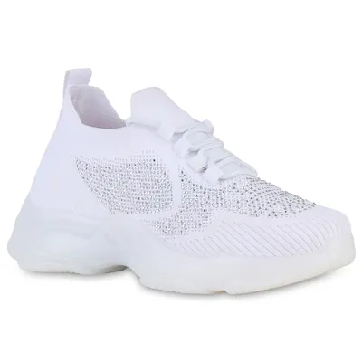 Produktbild von VAN HILL Damen Plateau Sneaker Strass Schnürer Strick Profil-Sohle Schuhe 840258, Farbe: Weiß, Größe: 40