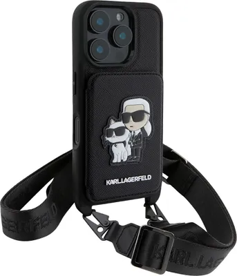 A black iPhone case with a Karl Lagerfeld design and a crossbody strap.