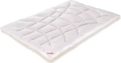 A white quilted comforter is shown on a white background.
