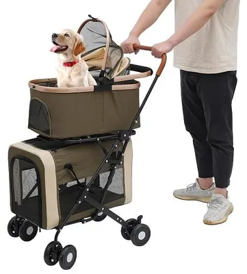 Imagen del producto de Carrito para perros 3 en 1, plegable, con dos niveles, transportador para mascotas con toldo ajustable, ventanas de malla y bolsillos, y una jaula/bolsa de transporte desmontable. Ideal para perros y gatos, con capacidad para mascotas de hasta 35 kg