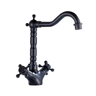 A black, vintage-style kitchen faucet is shown against a white background.