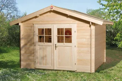Produktbild von WEKA 112.3030.00.00 Premium Gartenhaus/Blockbohlenhaus Neustadt 1 mit Vordach (20 cm)/Doppeltür/ ; Größe: 6 ; Farbgebung: Naturbelassen ; Wandstärke: 28 mm ; Maße (LxBxH): 300 cm x 300 cm x 262 cm ; Seitenwandhöhe: 210 cm