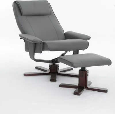 Produktbild von Happy Home Relaxsessel mit Hocker und Holzbeinen verstellbar 360 Grad drehbar ergonomischer Fernsehsessel bis 136 kg belastbar grau Wohnzimmer