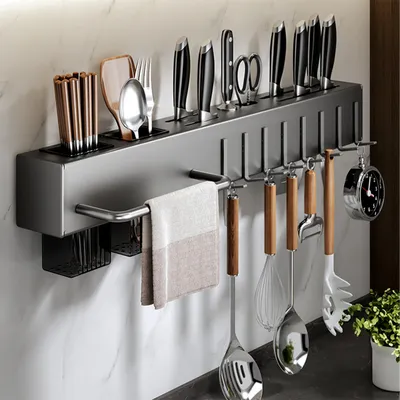 Produktbild von Messerblöcke, Küchenorganizer, Hängendes Küchenregal mit 6/10 Haken, Edelstahlregal, Wandregal ohne Bohren, 40/60cm Lagerregal, für Küche, Schwarz