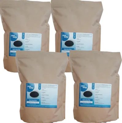 Four bags of activated carbon granules are arranged in a grid pattern against a white background.