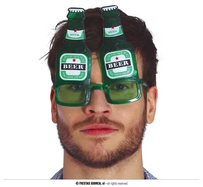 Produktbild von Grüne Brille im Bierflaschen-Design mit 'BEER' und Warnhinweis für Mottopartys