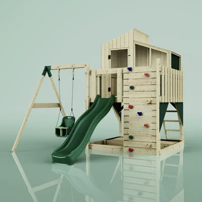 Produktbild von OutdoorToys Spielturm mit Spielhaus inkl. Wellenrutsche, Outdoor Klettergerüst Garten, Kletterwand und Kletterleiter, Ausführung: Babyschaukel, Farbe: Smaragdgrün Babyschaukel