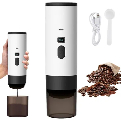 FORSMANO Tragbare Kaffeemaschine, 90 ml, 15 Bar, Kabellos, Digitale Anzeige, 7800 mAh Akku, Kompatibel mit Kapseln & Kaffeepulver, Weiß