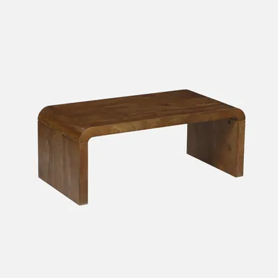 A wooden coffee table on a light gray background.