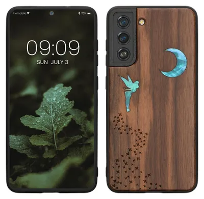 Produktbild von kwmobile Handyhülle für Samsung Galaxy S21 FE Hülle Holz - Case mit TPU Bumper - Stoßfestes Hardcase - Schutzhülle Cover in Dunkelbraun