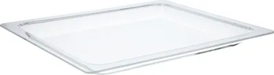 A clear glass baking dish on a white background.