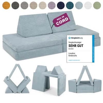 Produktbild von Linodino Spielsofa Cord - Kindersofa | Kinder Couch als Kuschelecke und Indoor Spielplatz | Kinder Sofa aus Schaumstoff Bausteinen I Einhornblau