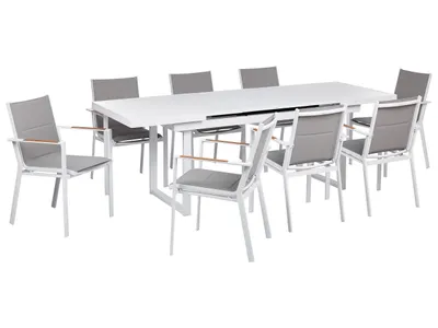 Produktbild von BELIANI Gartenmöbel Set 9-teilig Weiß Aluminium Ausziehtisch 180 / 240 x 90 cm Latten-Tischplatte Rechteckig mit 8 Stühlen Bespannung Grau Stapelbar
