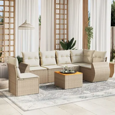 Produktbild von Design 7-tlg. Garten-Sofagarnitur mit Kissen Beige Poly Rattan, Gartenmöbel-Sets 2024 Neu