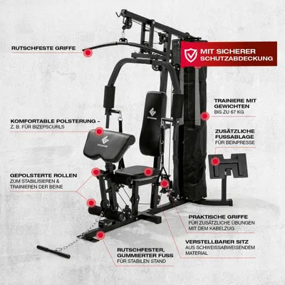 Produktbild von FitEngine Kraftstation Trainingsbank Heimtrainer multifunktion Fitnessstation Gym Hantelbank Fitnesscenter Metall Gewichte Homegym Klimmzugstange dips